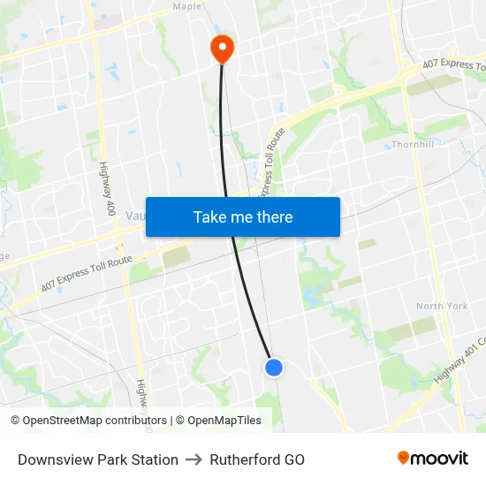 Downsview Park Station to Rutherford GO map