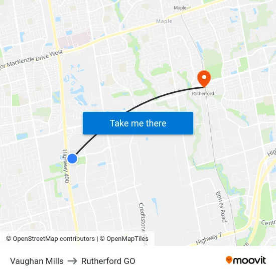Vaughan Mills to Rutherford GO map