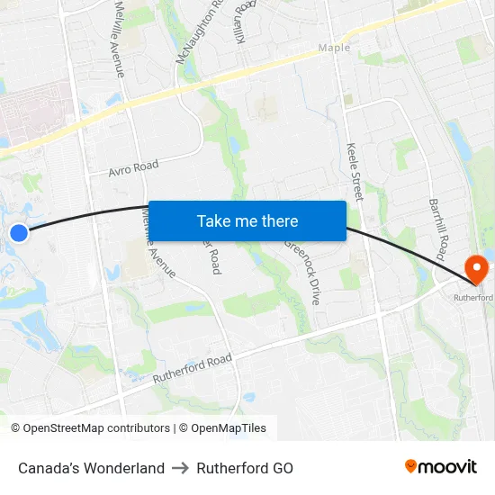 Canada’s Wonderland to Rutherford GO map