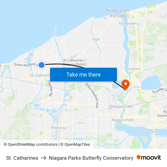 St. Catharines to Niagara Parks Butterfly Conservatory map
