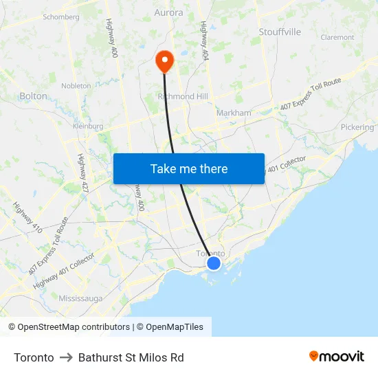 Toronto to Bathurst St Milos Rd map