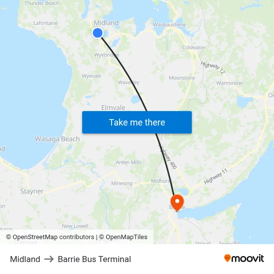 Midland to Barrie Bus Terminal map
