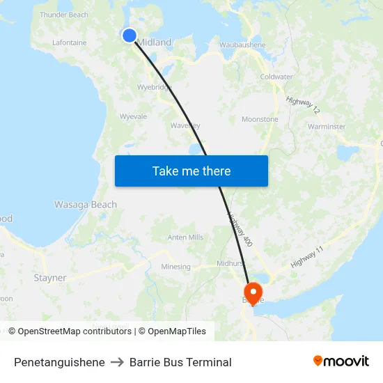 Penetanguishene to Barrie Bus Terminal map