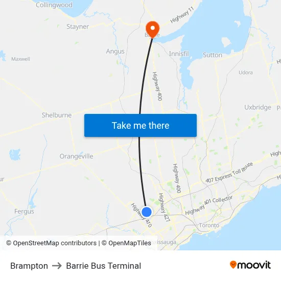 Brampton to Barrie Bus Terminal map