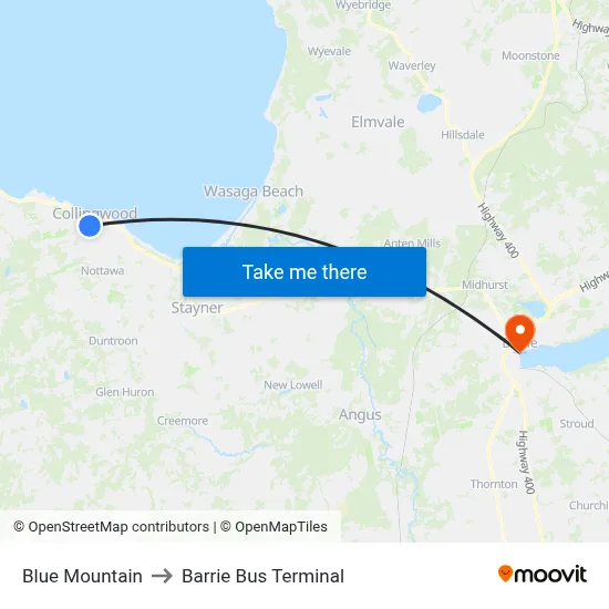 Blue Mountain to Barrie Bus Terminal map