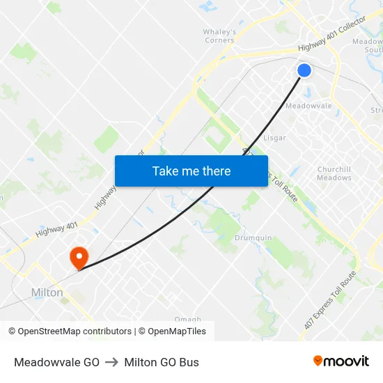 Meadowvale GO to Milton GO Bus map