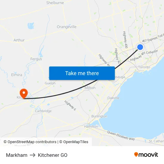 Markham to Kitchener GO map