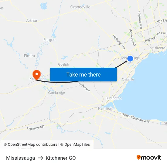 Mississauga to Kitchener GO map