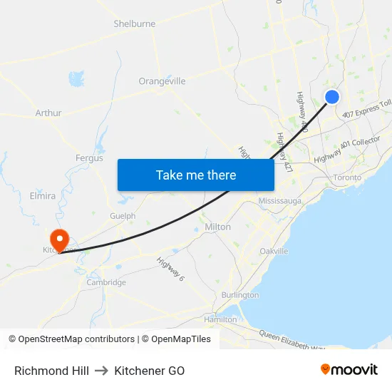 Richmond Hill to Kitchener GO map