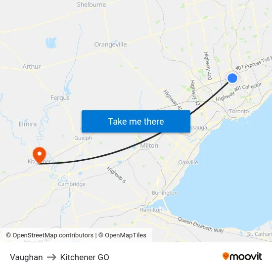 Vaughan to Kitchener GO map