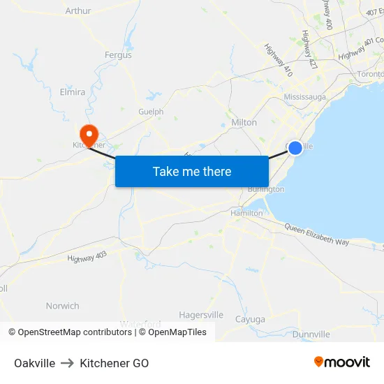 Oakville to Kitchener GO map