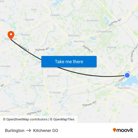 Burlington to Kitchener GO map