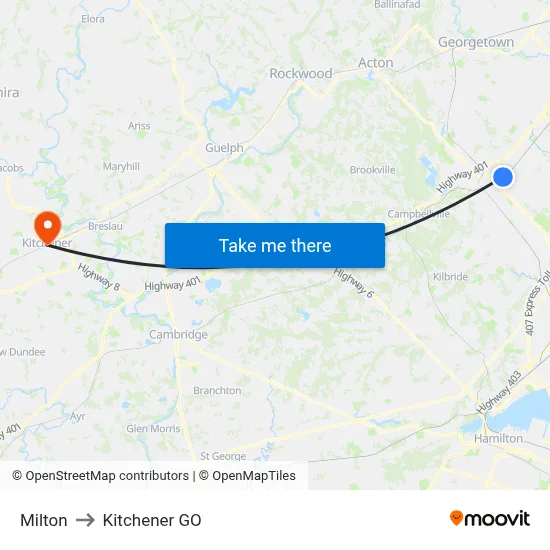 Milton to Kitchener GO map