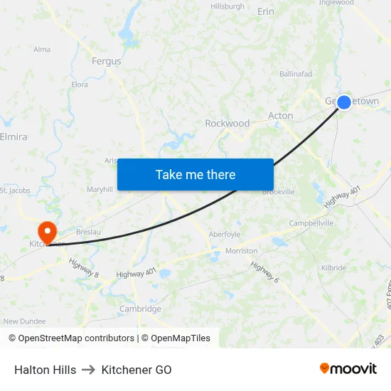 Halton Hills to Kitchener GO map