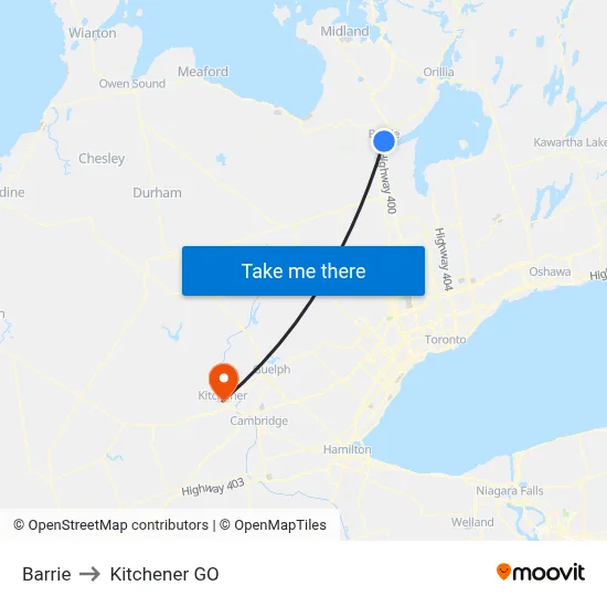 Barrie to Kitchener GO map