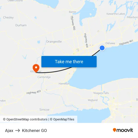 Ajax to Kitchener GO map