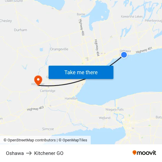 Oshawa to Kitchener GO map