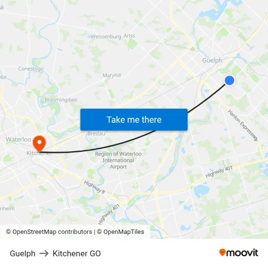 Guelph to Kitchener GO map