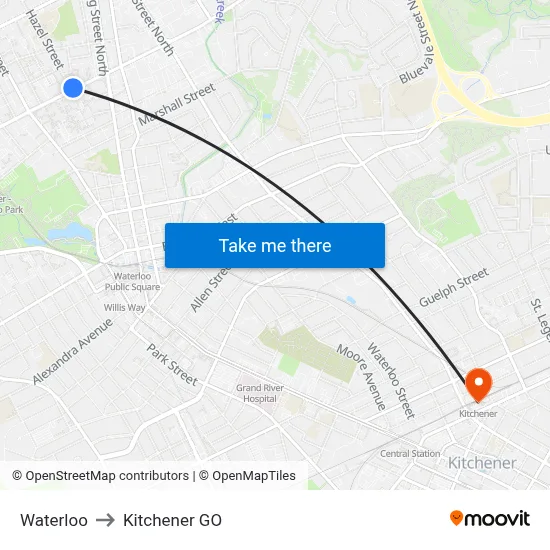 Waterloo to Kitchener GO map