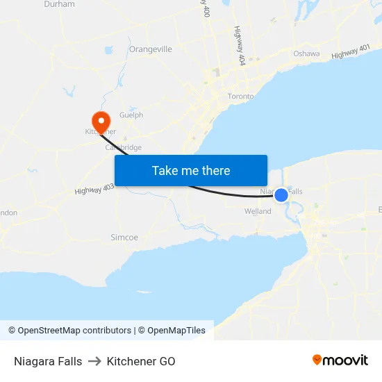 Niagara Falls to Kitchener GO map