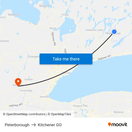 Peterborough to Kitchener GO map