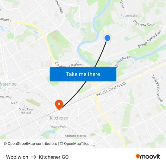 Woolwich to Kitchener GO map