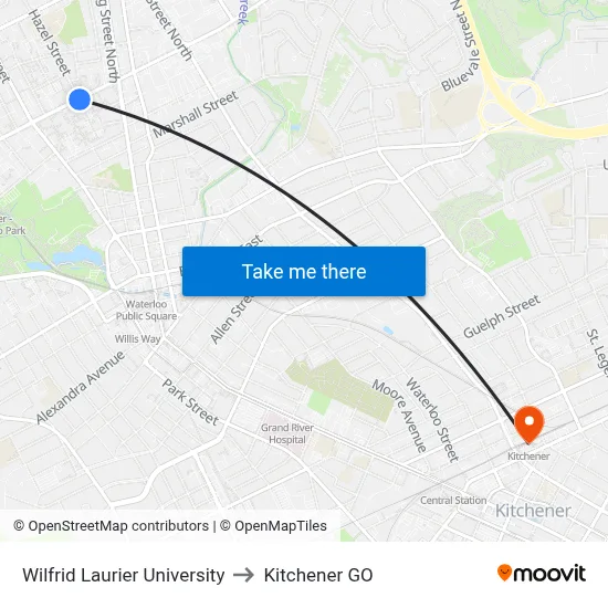 Wilfrid Laurier University to Kitchener GO map