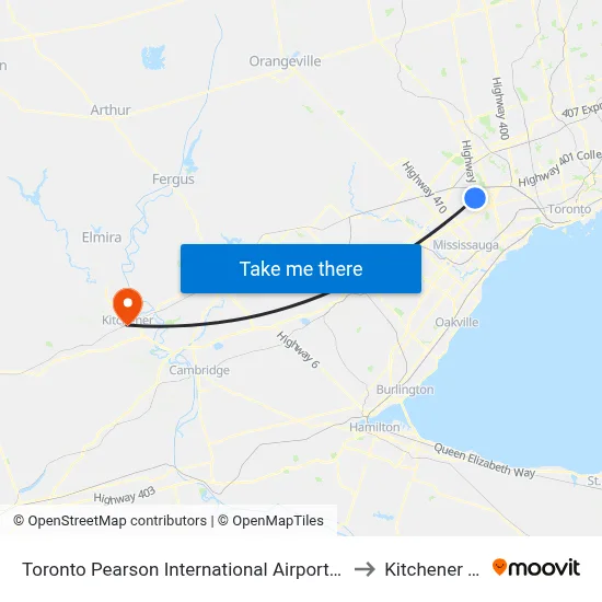 Toronto Pearson International Airport (Yyz) to Kitchener GO map
