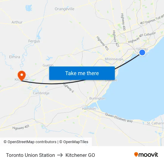 Toronto Union Station to Kitchener GO map