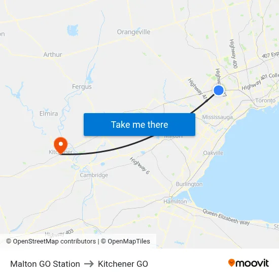 Malton GO Station to Kitchener GO map