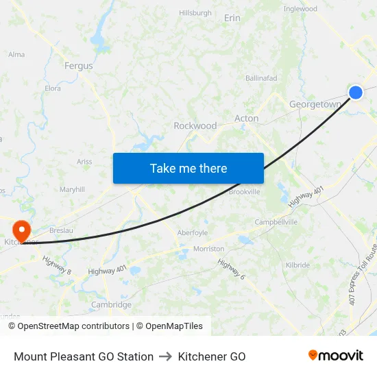 Mount Pleasant GO Station to Kitchener GO map