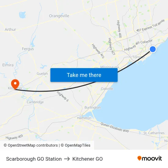 Scarborough GO Station to Kitchener GO map