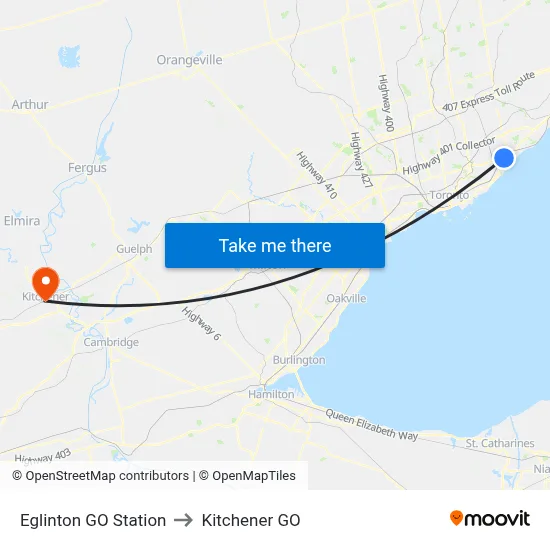 Eglinton GO Station to Kitchener GO map