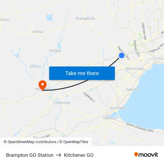Brampton GO Station to Kitchener GO map