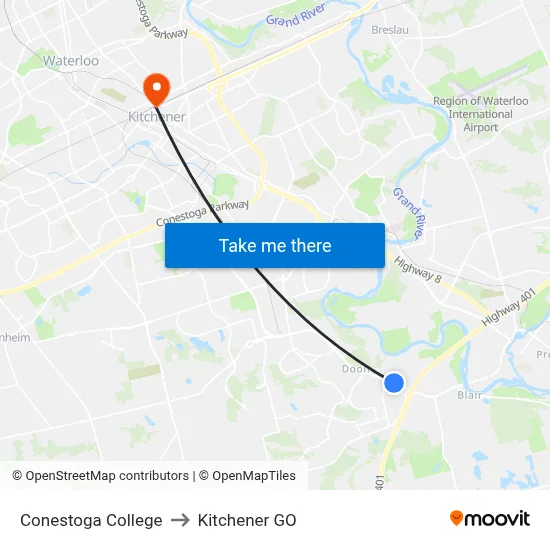Conestoga College to Kitchener GO map