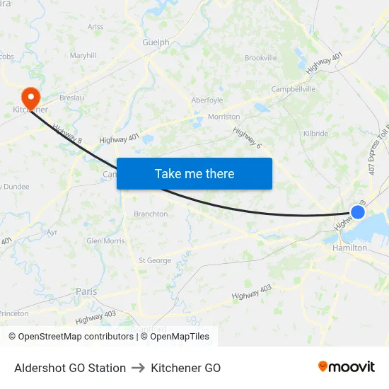 Aldershot GO Station to Kitchener GO map