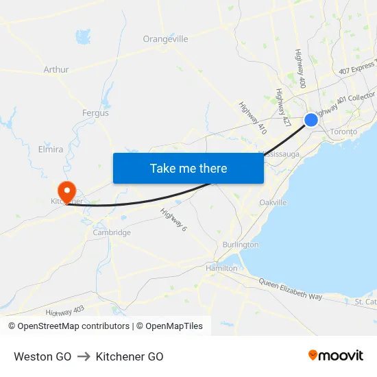 Weston GO to Kitchener GO map