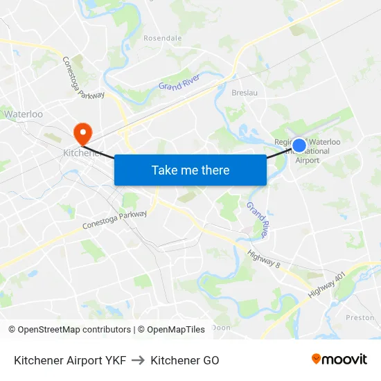 Kitchener Airport YKF to Kitchener GO map
