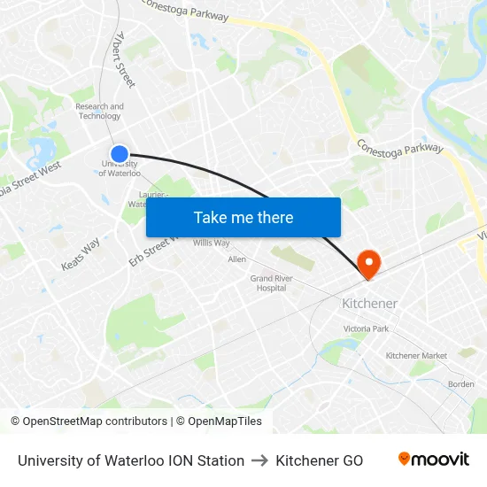 University of Waterloo ION Station to Kitchener GO map