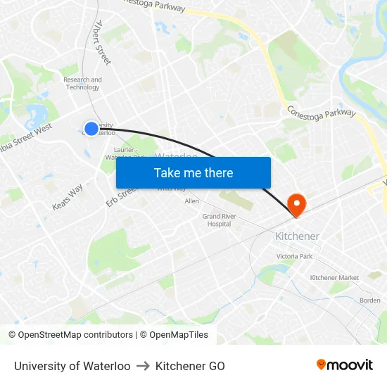 University of Waterloo to Kitchener GO map