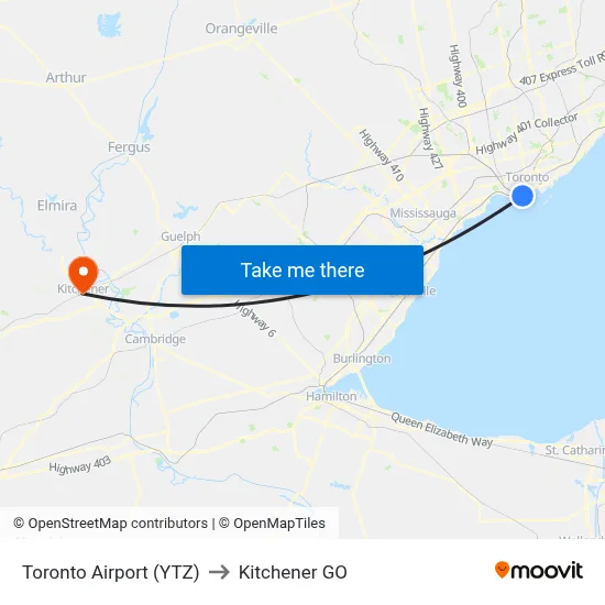 Toronto Airport (YTZ) to Kitchener GO map