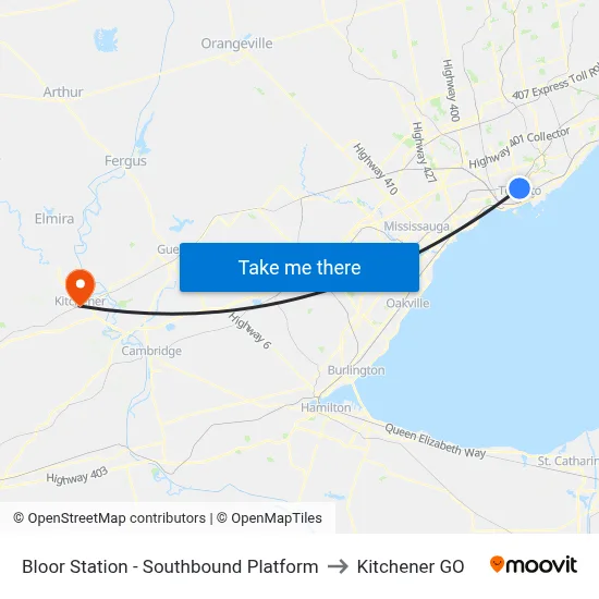 Bloor Station - Southbound Platform to Kitchener GO map