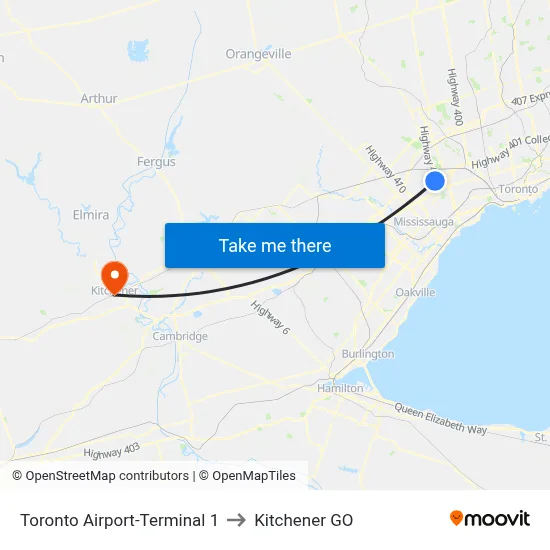 Toronto Airport-Terminal 1 to Kitchener GO map