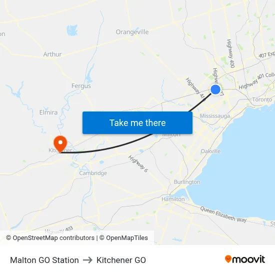 Malton GO Station to Kitchener GO map