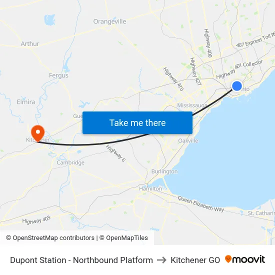 Dupont Station - Northbound Platform to Kitchener GO map