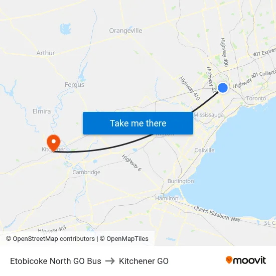 Etobicoke North GO Bus to Kitchener GO map