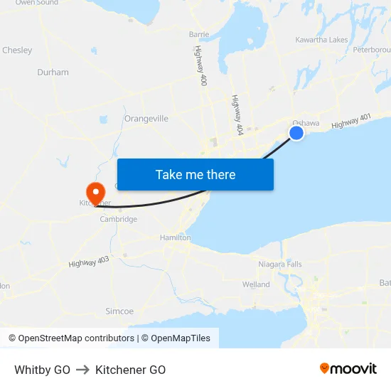 Whitby GO to Kitchener GO map