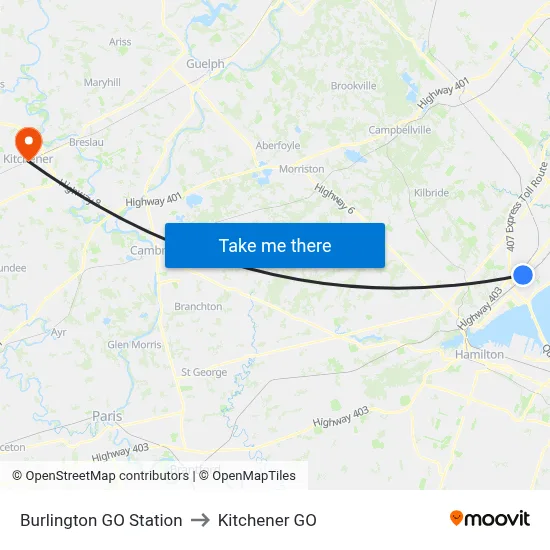 Burlington GO Station to Kitchener GO map