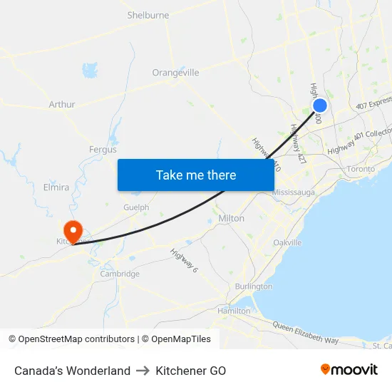 Canada’s Wonderland to Kitchener GO map