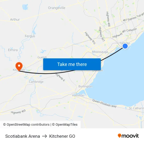 Scotiabank Arena to Kitchener GO map